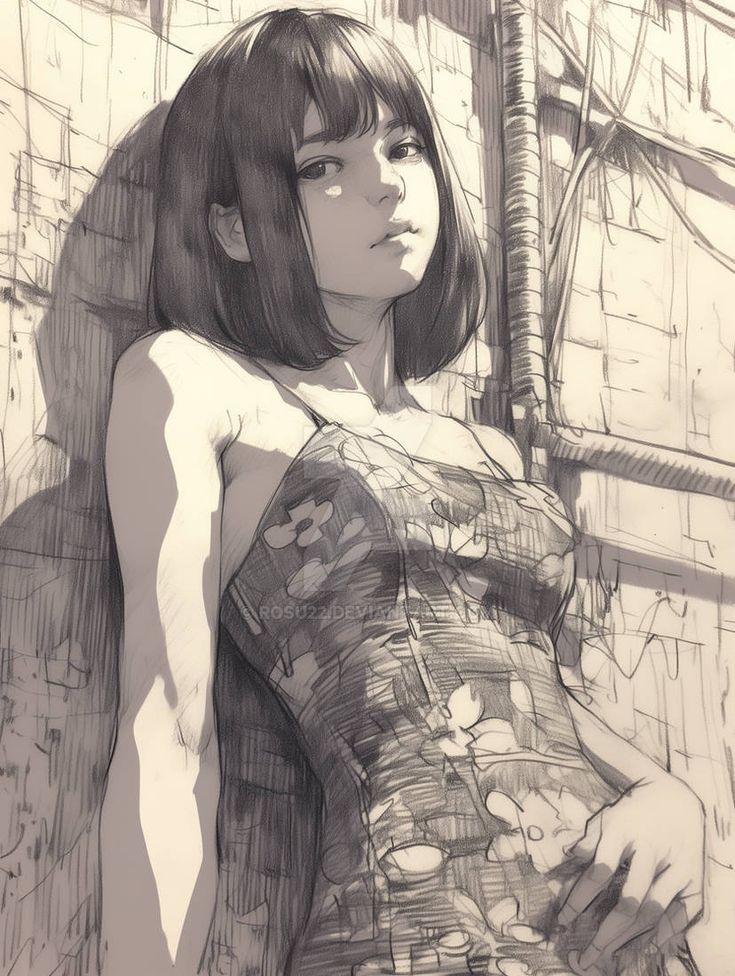 Monochrome sketch of a young woman with short hair in a floral dress leaning on a wall