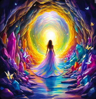 Woman silhouette in flowing dress walking through luminous rainbow tunnel with butterflies and crystals
