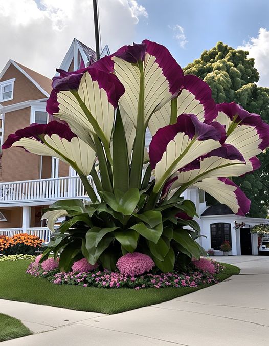 Giant tropical plant with large cream and purple-edged leaves in a decorative garden bed outside a building