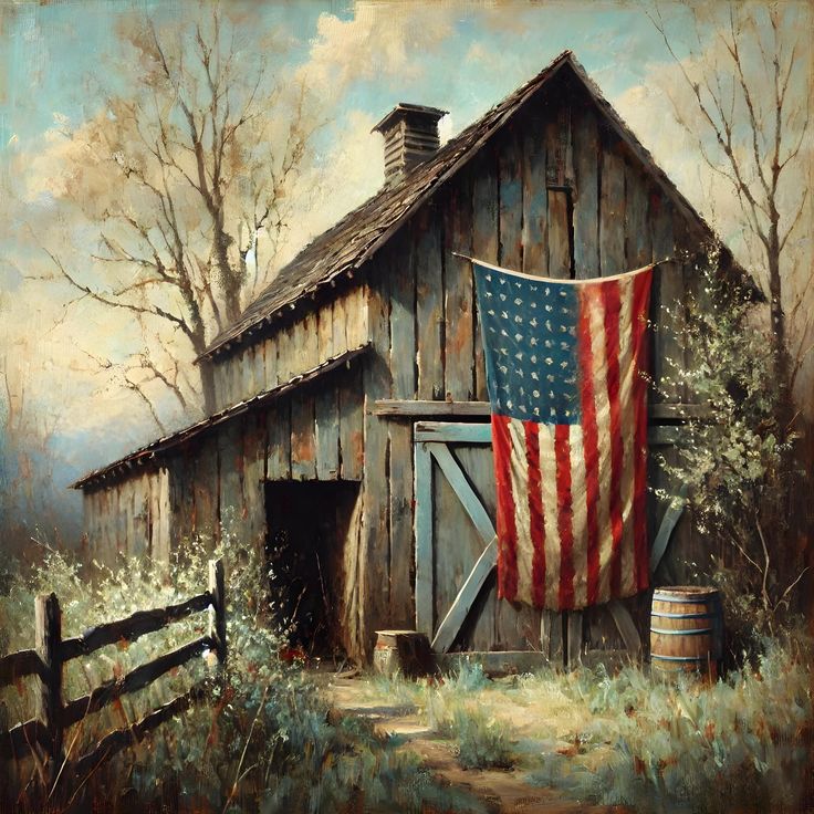 Painting of a rustic wooden barn with a large American flag hanging outside