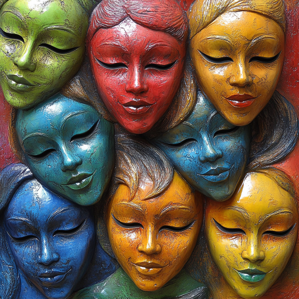 Collage of colorful Venetian-style face masks with closed eyes in green, red, orange, blue, and yellow hues