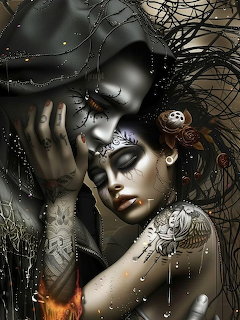 Gothic man and woman embracing with dark tendrils, skull decorations, and tattoos in a fantasy illustration