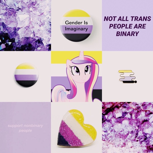 Nine-panel nonbinary pride collage with crystals, pride pins, text, a cartoon pony, and a glitter heart