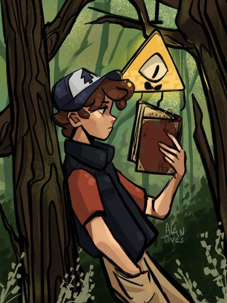 Animated boy with cap reading brown journal in spooky forest with yellow triangle symbol above