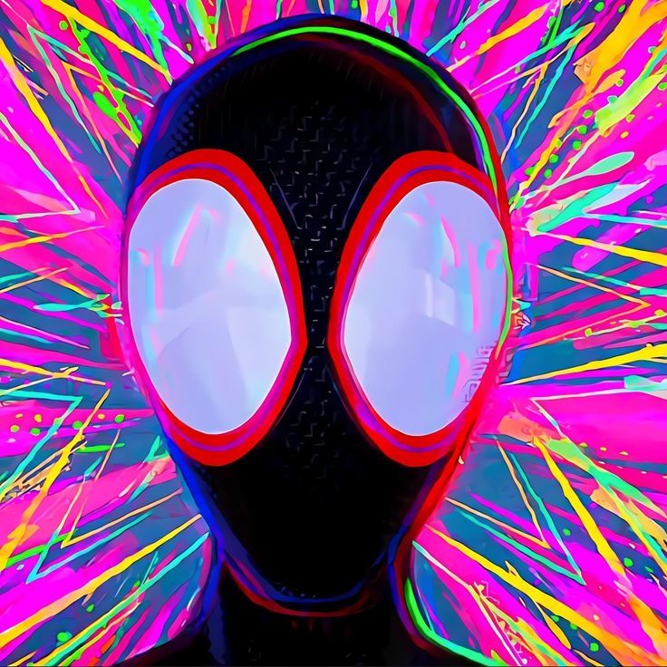 Spider-Man mask with white eyes against colorful psychedelic rainbow burst background