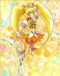 Cure Sunshine from HeartCatch Precure in orange outfit with long blonde hair against sparkly yellow background
