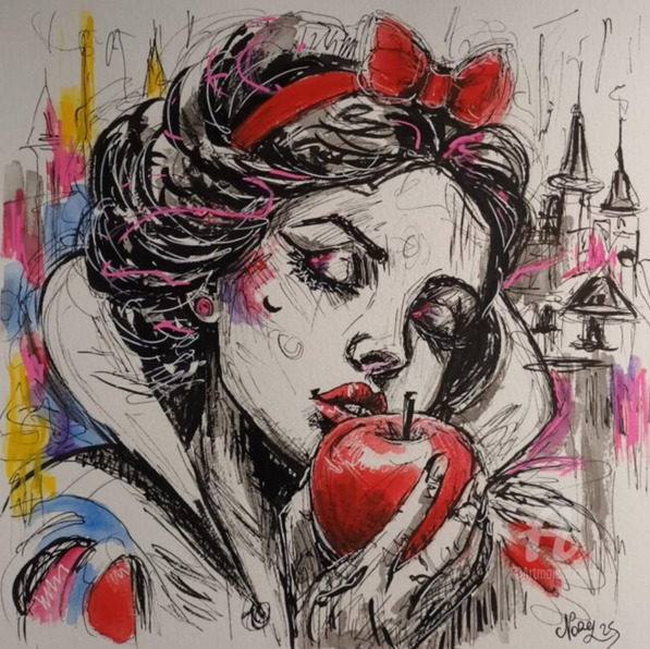 Black and white sketch of Snow White with red apple and bow, castle towers in background