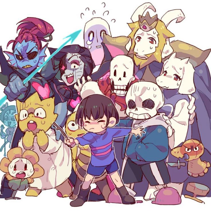 Illustrated group of Undertale characters posing together in a colorful fan art scene