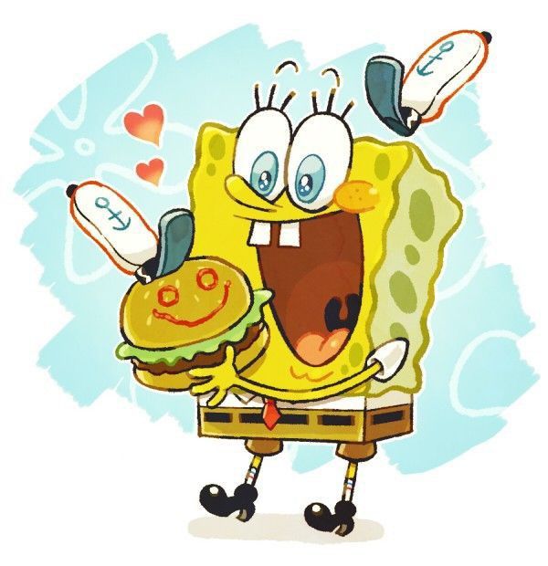 SpongeBob SquarePants holding burger and spatula with hearts