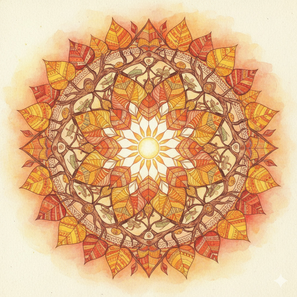 Circular mandala with autumn-colored geometric patterns and white center flower