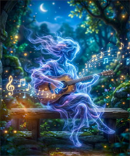 Translucent blue ghost figure playing guitar on bench in glowing forest at night under crescent moon