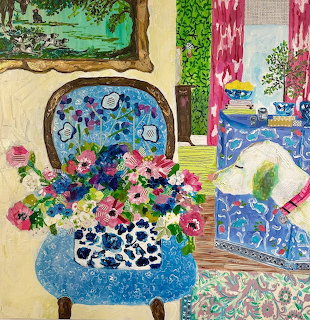 Colorful painting of flowers in a vase and a white dog resting on a blue patterned chair indoors