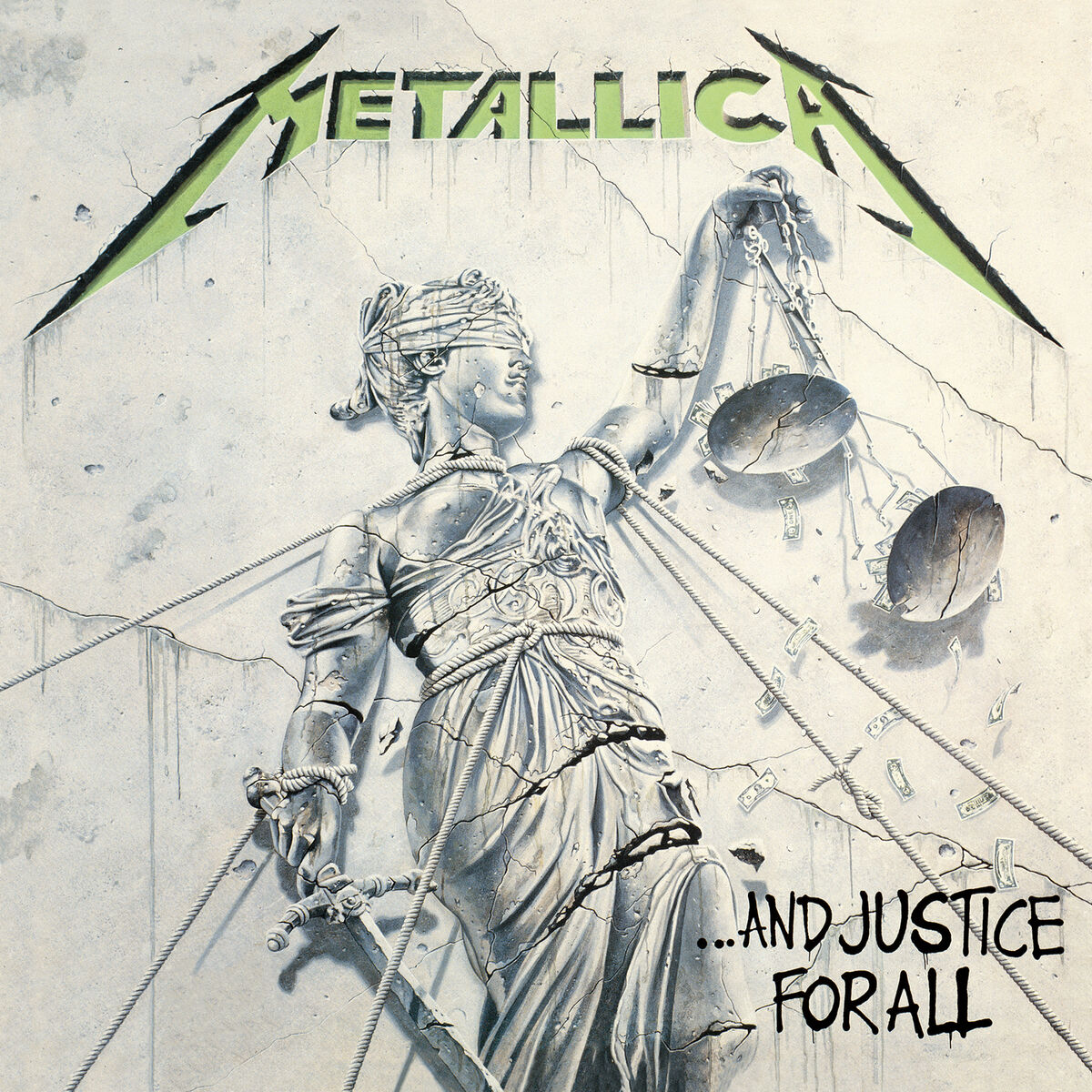 Illustrated album art of Lady Justice with broken scales under the Metallica logo