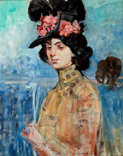Portrait painting of woman with dark hair, pink flower headdress, and golden embellished clothing against blue background