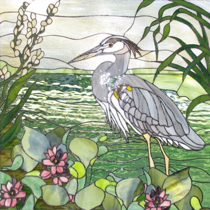 Great blue heron wading in lake water with lily pads and pink lotus flowers