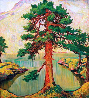 Textured painting of pine tree by turquoise mountain lake with colorful impressionist brushwork