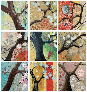 Collage of nine panels showing tree branches over colorful patterned backgrounds with floral and geometric designs