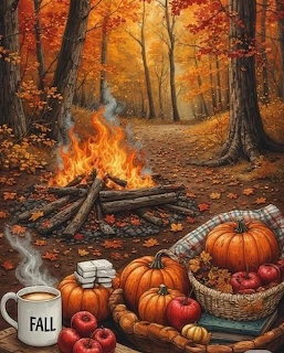 Tent in autumn forest surrounded by orange and yellow trees with fallen leaves