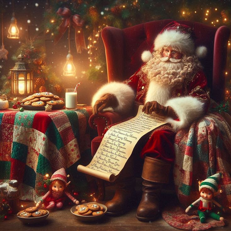 Santa Claus reading a scroll in his workshop with elves and Christmas decorations