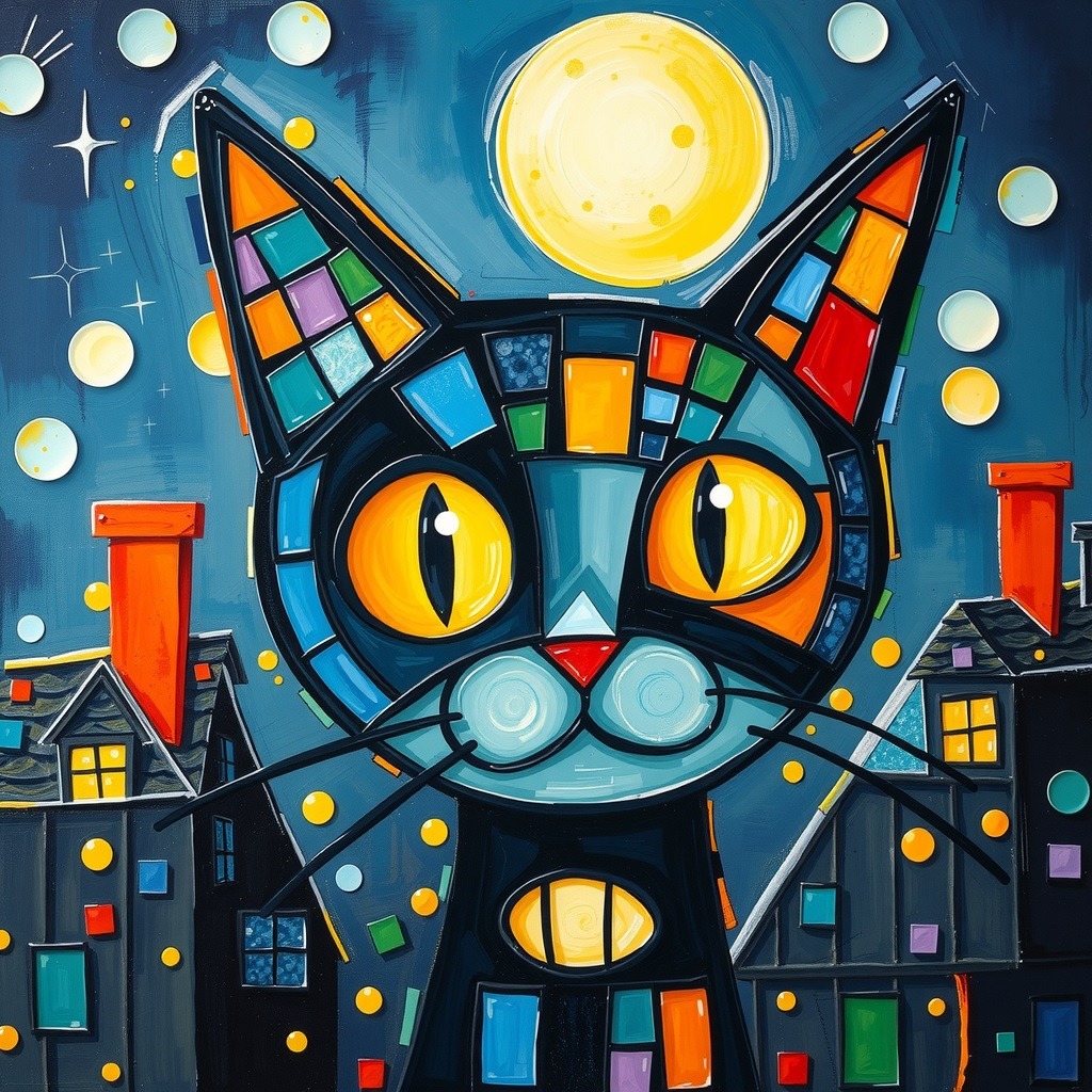 Colorful geometric cat face with stained glass mosaic pattern and bright yellow eyes against night sky with moon