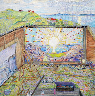 Painting of artist's outdoor studio with easel displaying colorful sun artwork by Norwegian coast