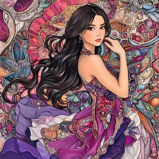 Fantasy illustration of woman with flowing black hair amid colorful flowers and butterflies