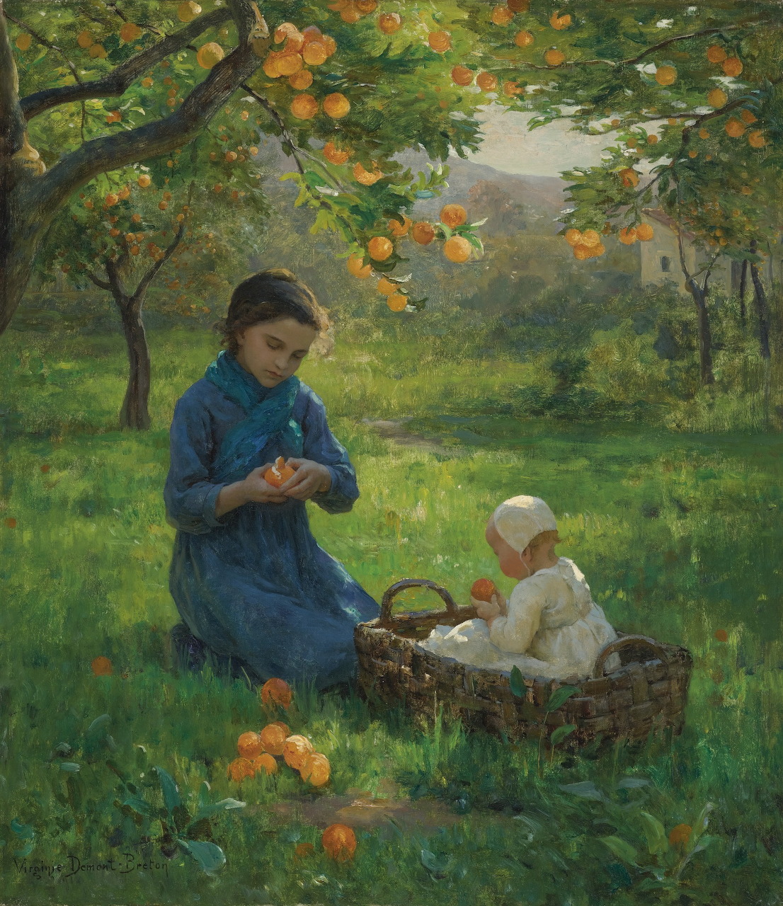 Girl and Baby in Orchard