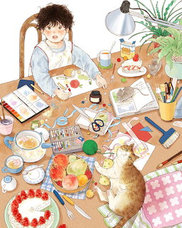 Watercolor illustration of girl studying at desk with two cats, art supplies, and snacks