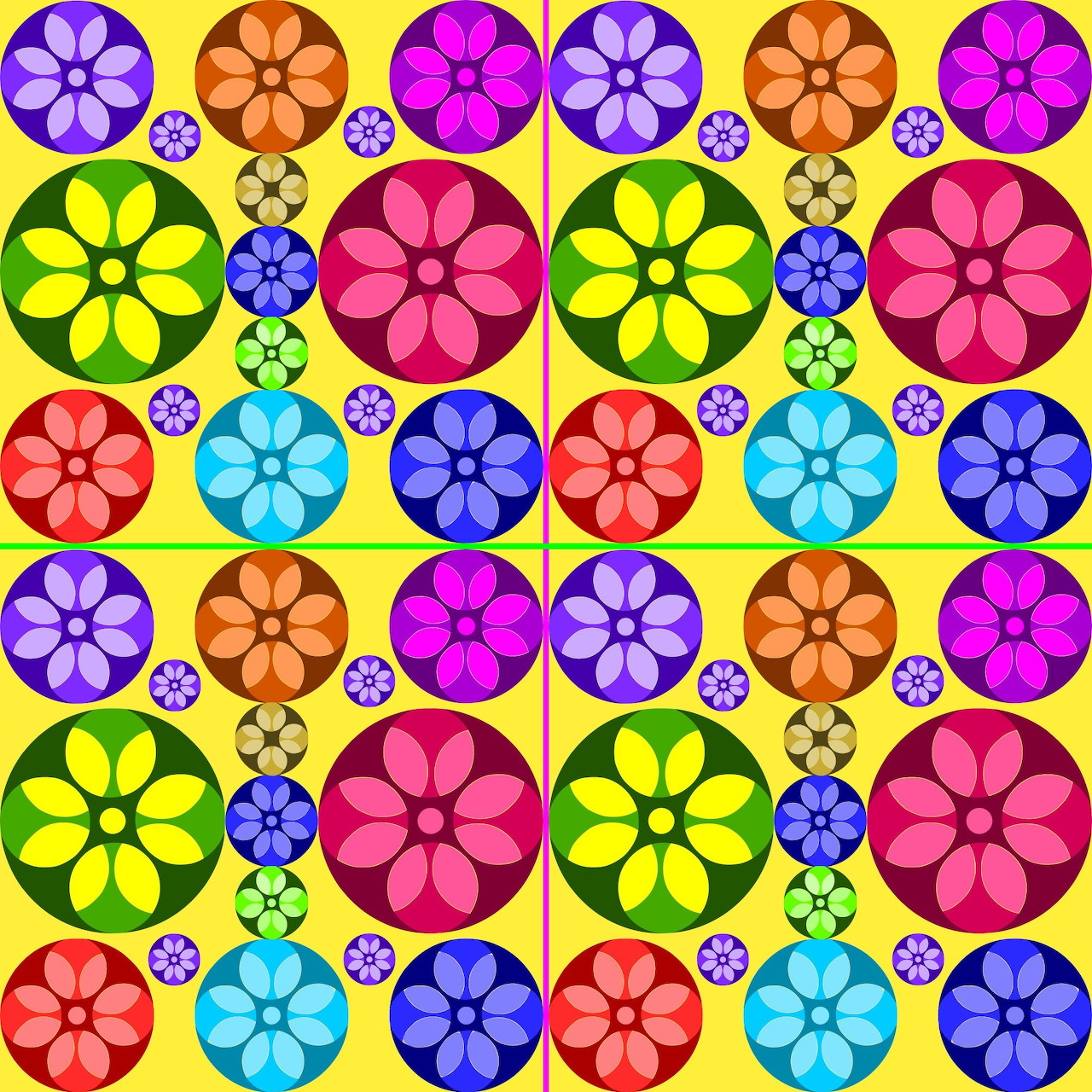 Repeating pattern of colorful flower circles in red, blue, pink, purple, orange, green on yellow background
