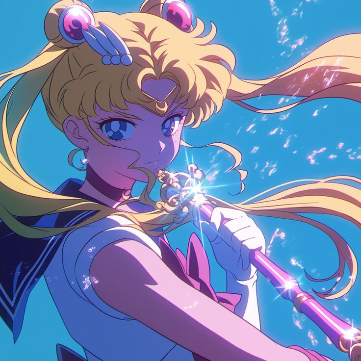 Anime girl with blonde twin tails holding a glowing magical staff against blue sky