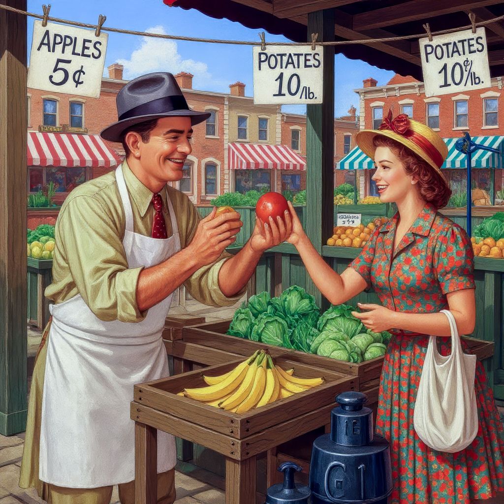 Vintage illustration of couple at farmers market stand with apples, bananas, and vegetables under striped awnings