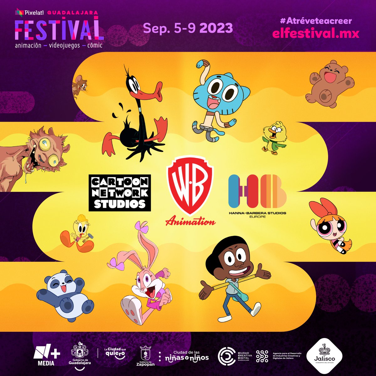 Colorful cartoon festival poster with animated characters and studio logos on purple and yellow