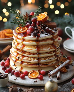 Tall stack of pancakes with syrup, cranberries, orange slices, and Christmas decorations on white plate with festive lights