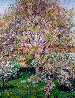 Impressionist painting of flowering tree with pink blossoms in spring meadow under blue sky