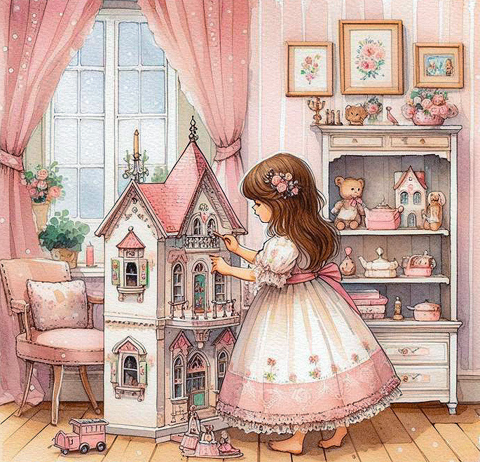 Anime girl in dress standing in pink playroom with dollhouse and toy shelves