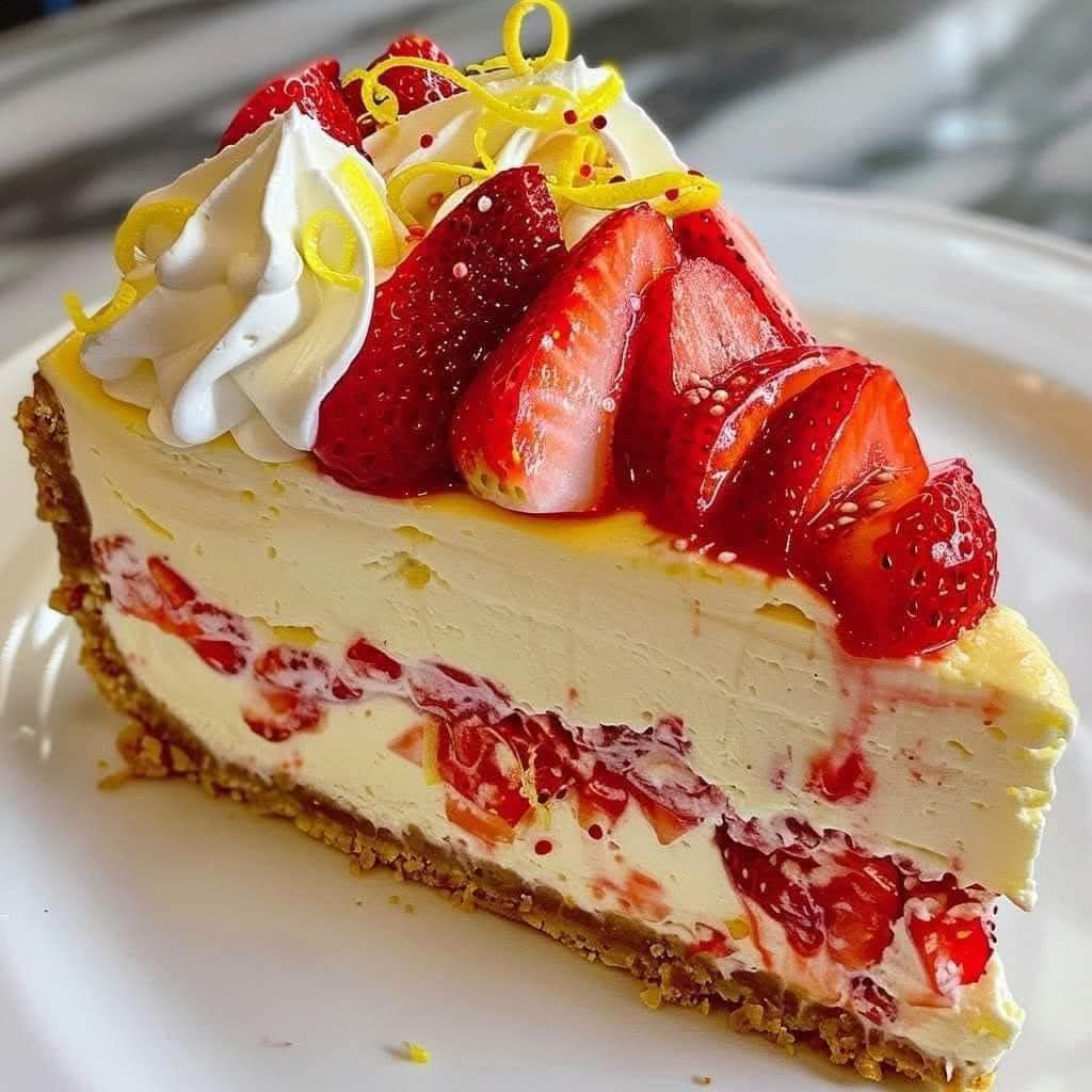 Slice of cheesecake with strawberries, whipped cream, and lemon zest on a plate
