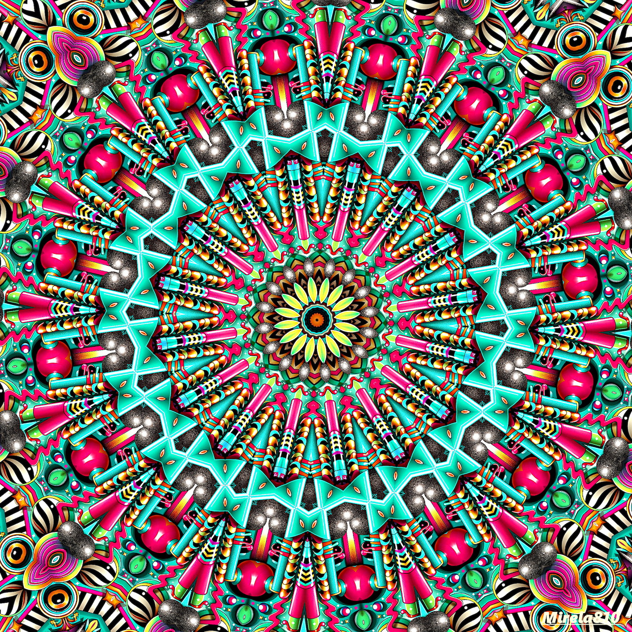 Vibrant geometric mandala with radial symmetry in pink, turquoise, yellow and black with intricate ornamental patterns