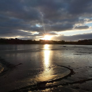 Sunset reflecting on wet sand and shallow water beneath dark clouds