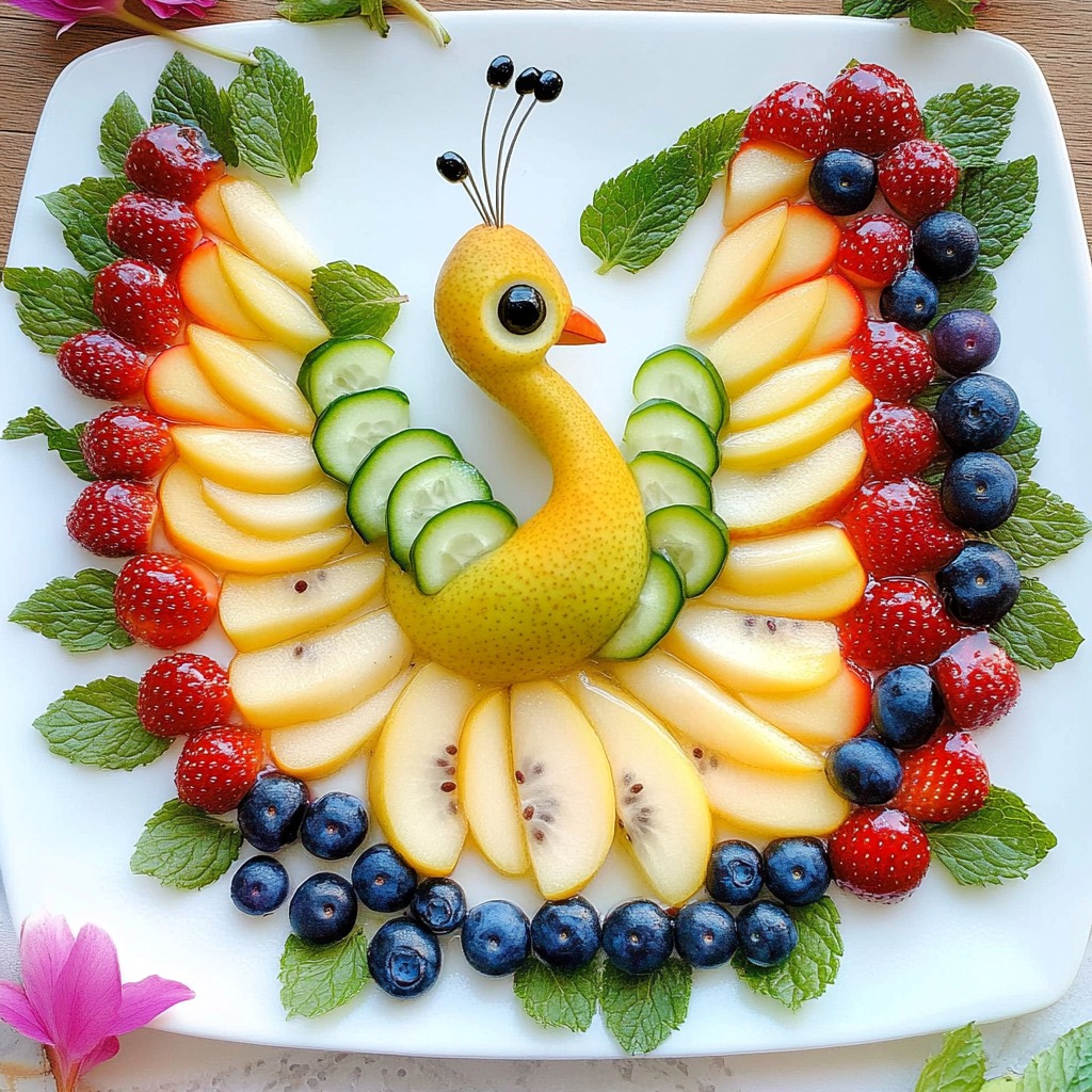 Peacock-shaped fruit arrangement on a white plate with apple slices, berries, cucumber, and citrus