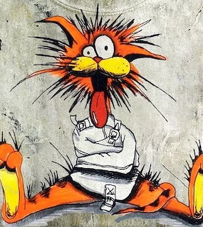 Street art graffiti of a wild orange cartoon cat with spiky fur, big eyes, and tongue out, arms crossed