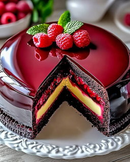 Glossy chocolate raspberry cake with a sliced wedge and fresh raspberries on top