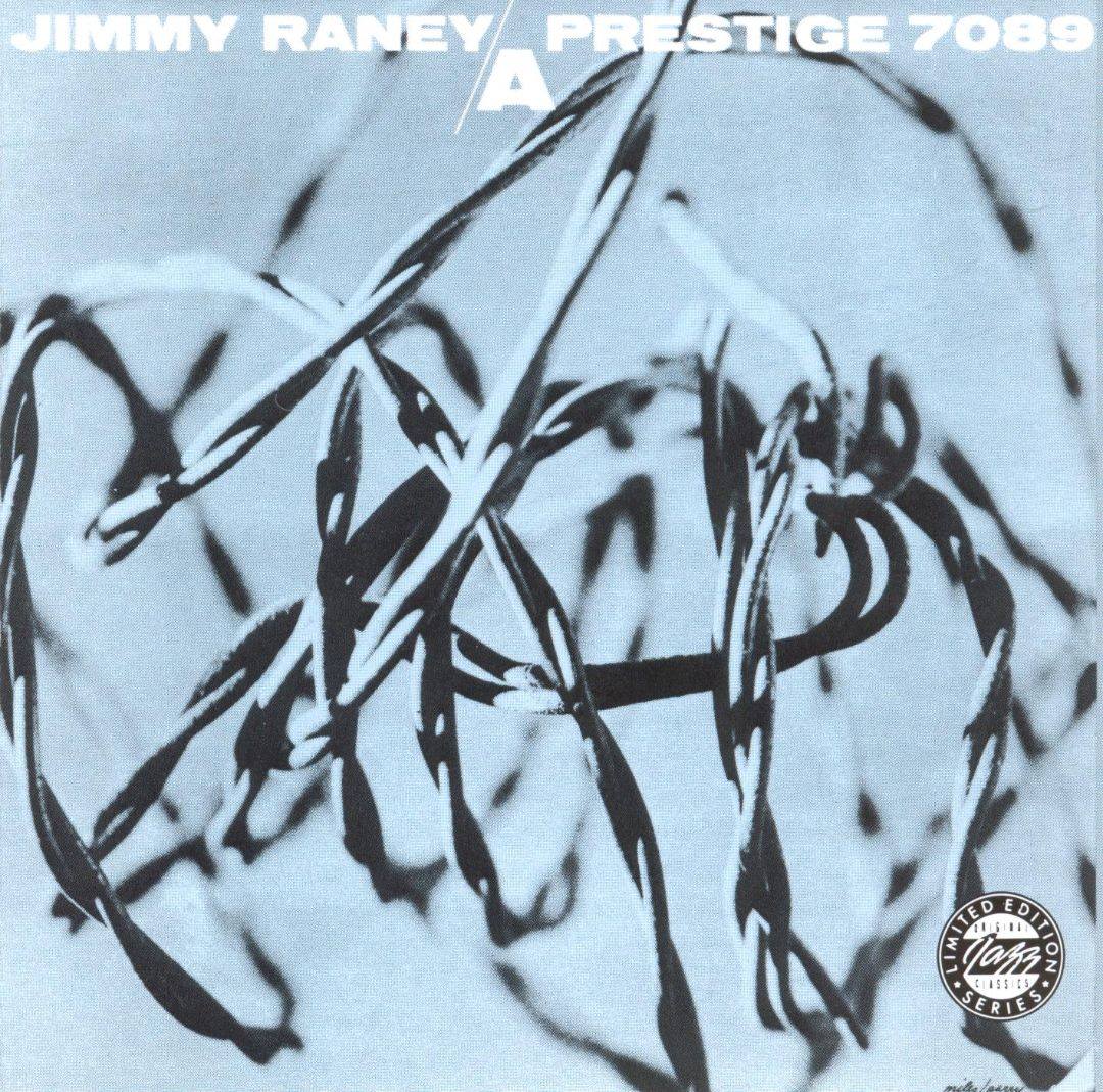 Abstract album cover with black brushlike lines on a light blue background and white text
