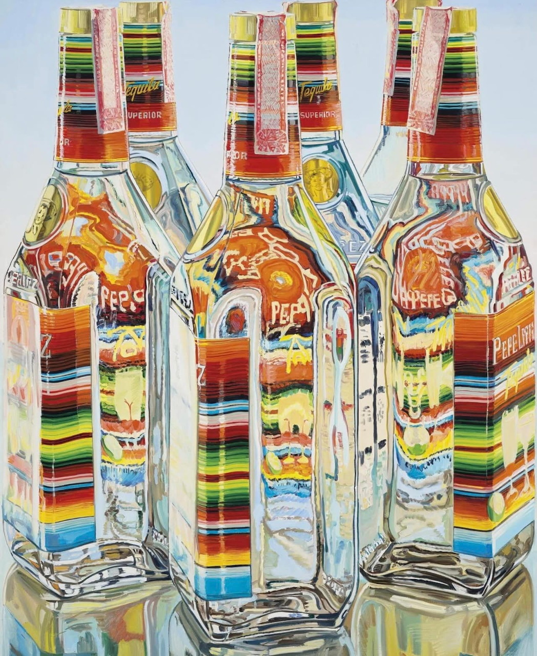 Three transparent tequila bottles with rainbow striped labels in watercolor painting style