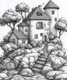 Black-and-white drawing of a whimsical stone cottage with towers, trees, steps, and rocks