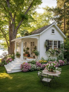 White cottage with front porch surrounded by colorful flower garden and tall trees