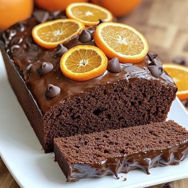 Sliced chocolate cake with orange slices and chocolate chip topping