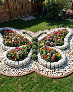 Butterfly-shaped flowerbed with colorful flowers and white stone borders in garden