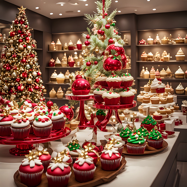 Festive Christmas cupcakes, cookies, and dessert stands beside decorated trees indoors
