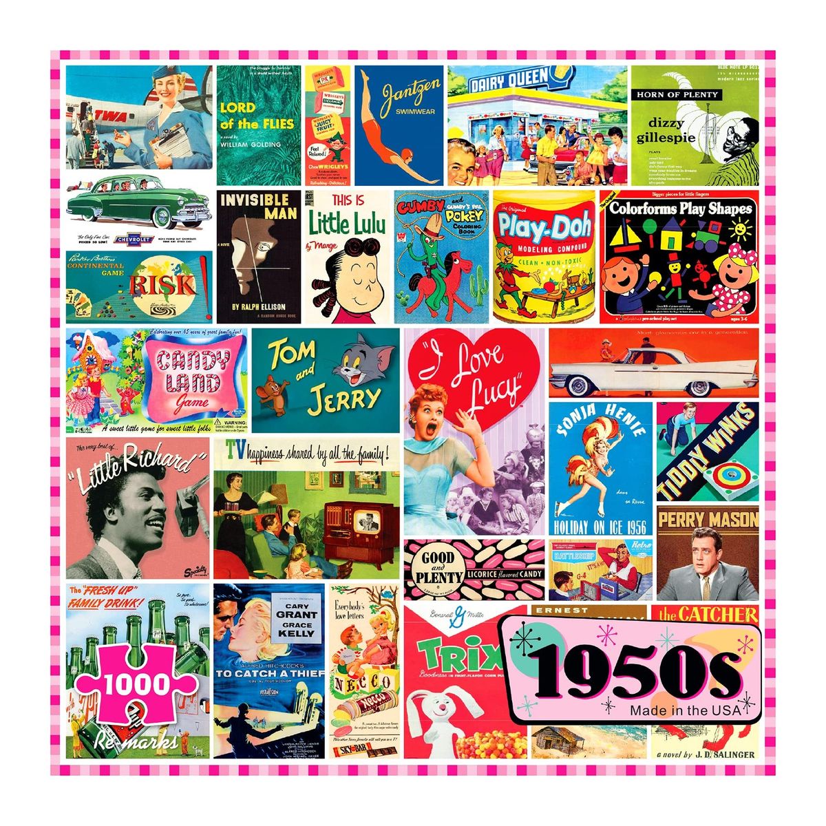 Colorful collage of vintage 1950s pop culture items, advertisements, product labels, and television shows