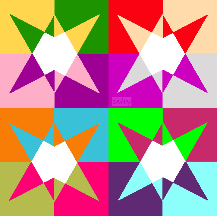Four geometric stars in bright colors on contrasting square backgrounds arranged in a 2x2 grid